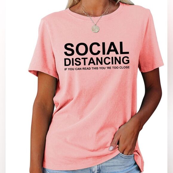 Pink Short Sleeve Graphic Lettering Social Distancing Tee T Shirt NEW - Picture 1 of 3